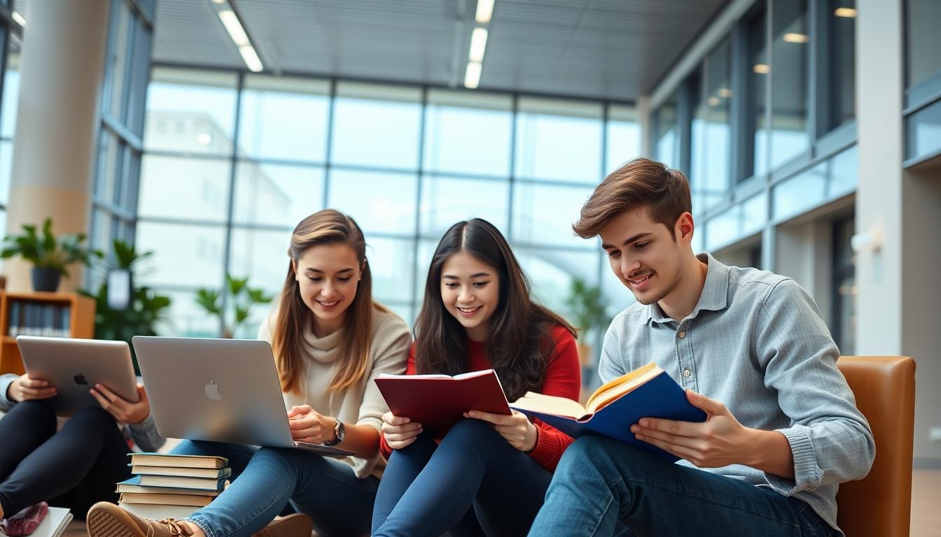 Students studying together in modern classroom